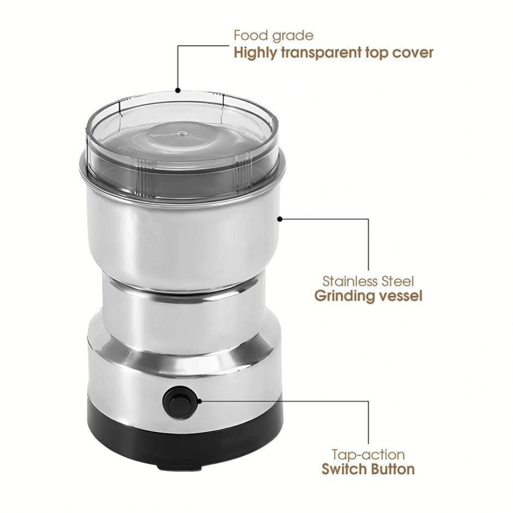 Stainless steel coffee grinder with labeled features on a white background