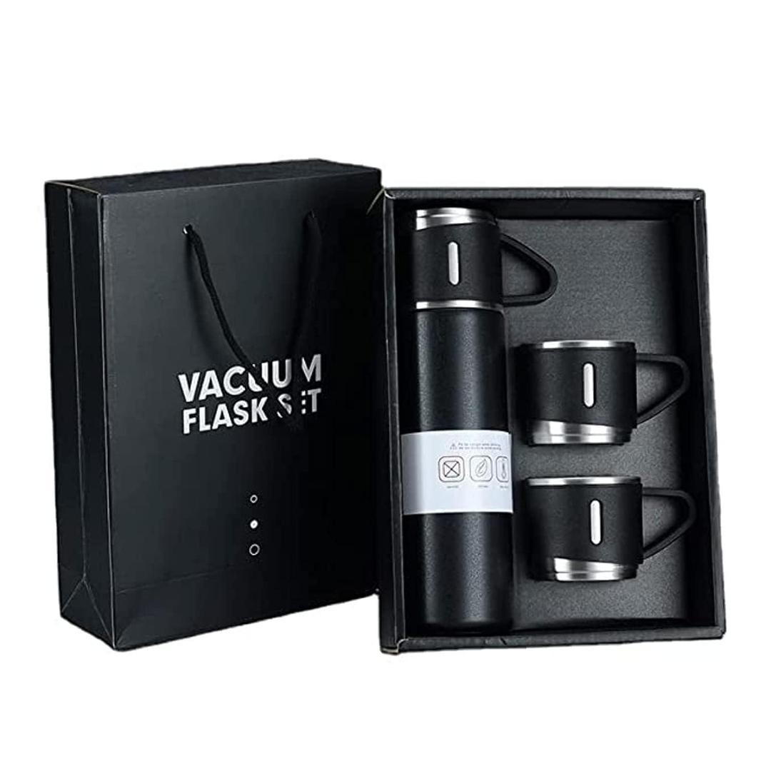 Full view of flask and cups on their packaging