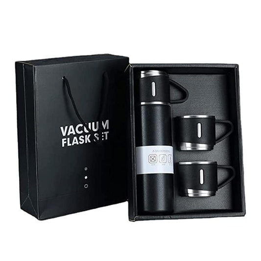 Full view of flask and cups on their packaging
