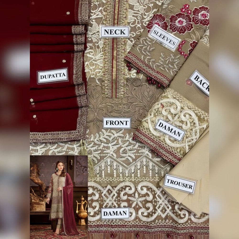 Collage of a traditional outfit with labeled parts and a model wearing it.