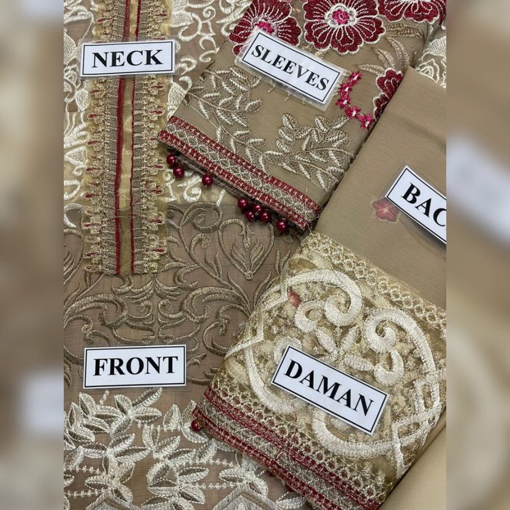 Embroidered fabric with labeled parts for neck, sleeves, back, front, and daman.