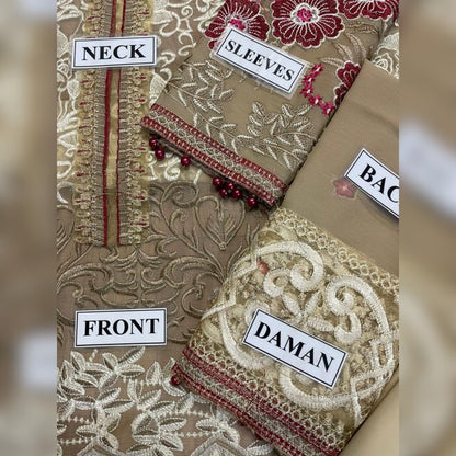 Embroidered fabric with labeled parts for neck, sleeves, back, front, and daman.