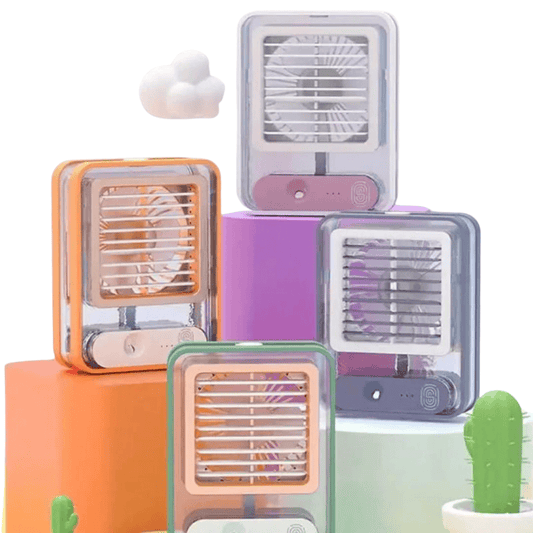 four-colors displaying all available color variants of the summer cooling humidifying fan