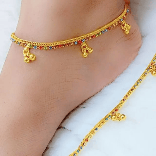 Multi-color anklet front view worn on right leg

