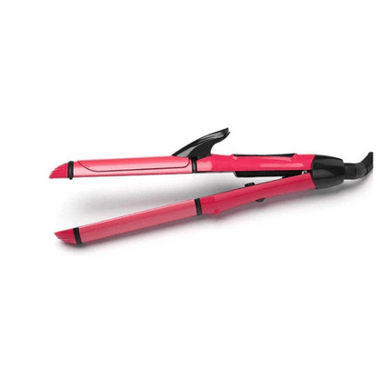 Pink hair straightener with black accents on a white background