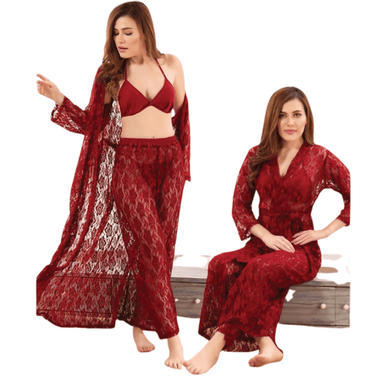 front-picture-maroon of elegant maroon net gown from the set