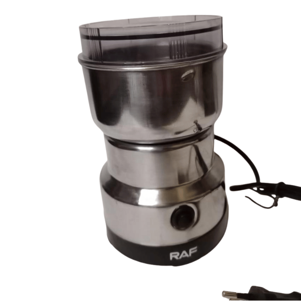 Stainless steel coffee grinder with black cord on a white background