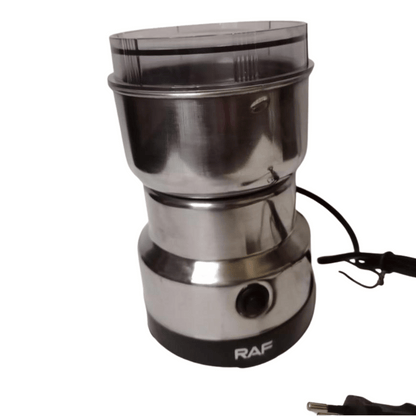 Stainless steel coffee grinder with black cord on a white background