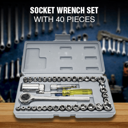 Socket wrench set with 40 pieces in a gray case on a wooden surface with tools in the background.