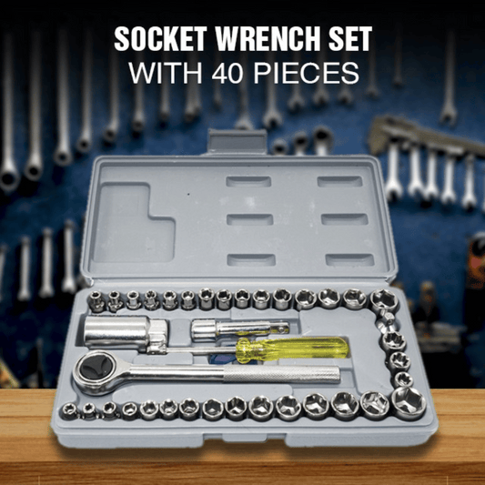 Socket wrench set with 40 pieces in a gray case on a wooden surface with tools in the background.