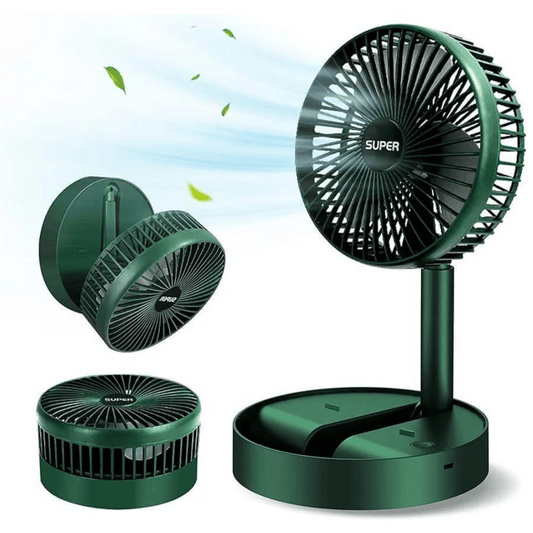 Green portable fan with multiple angles on a white background
