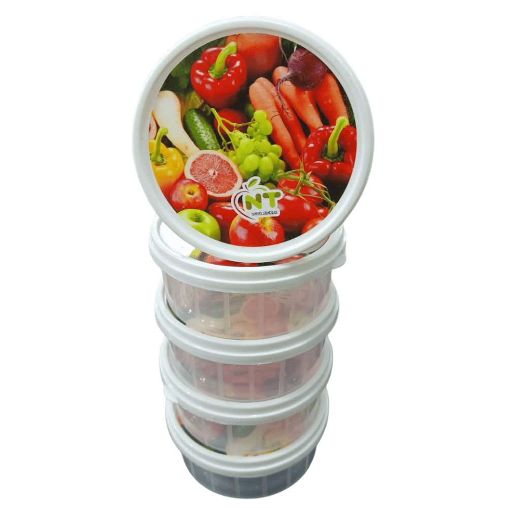 Stack of plastic containers with a colorful label featuring fruits and vegetables on a white background