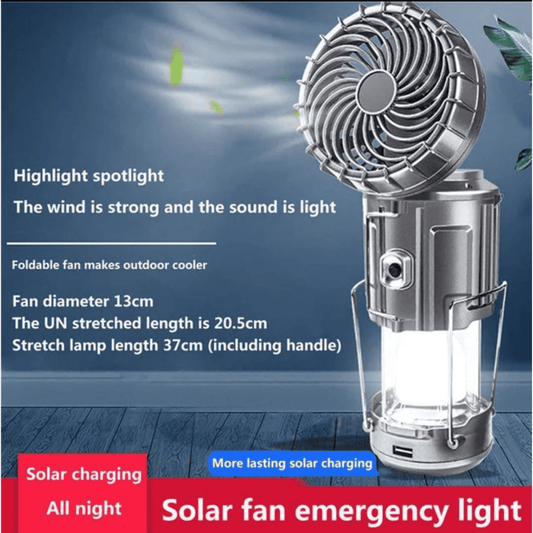 full-picture showing complete 6 in 1 LED camping lantern with fan in open setup

