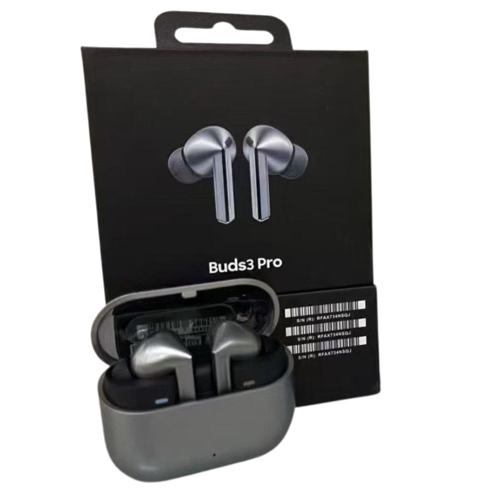 Silver wireless earbuds with charging case and 'Buds3 Pro' packaging on a white background