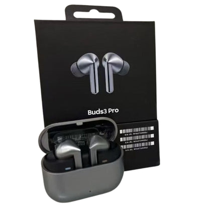 Silver wireless earbuds with charging case and 'Buds3 Pro' packaging on a white background