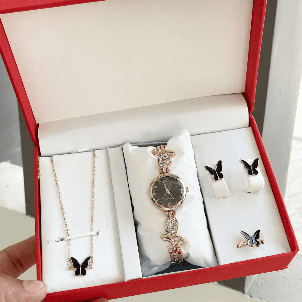 Gift Set with golden watch (black dial), locket, earrings, and ring in black