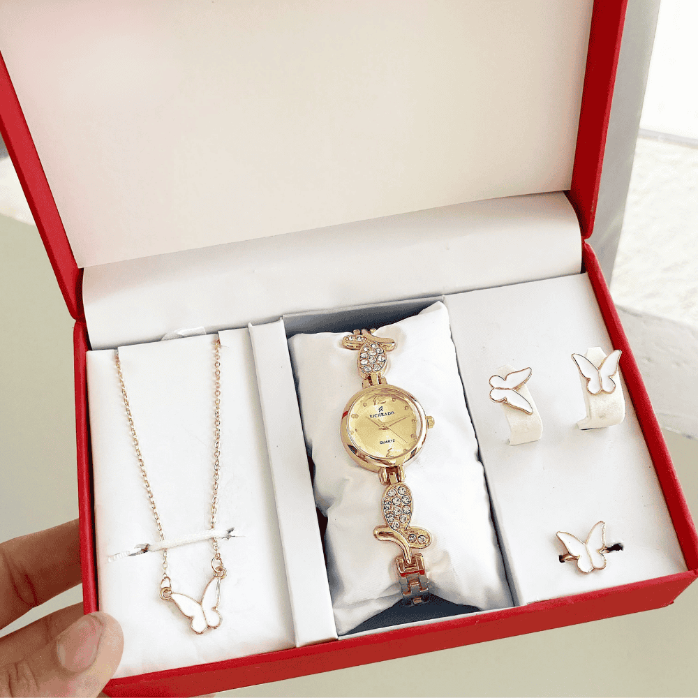 Gift Set with golden watch (white dial), black locket, earrings, and ring