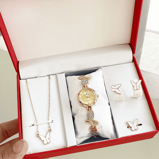 Gift Set with golden watch (white dial), black locket, earrings, and ring