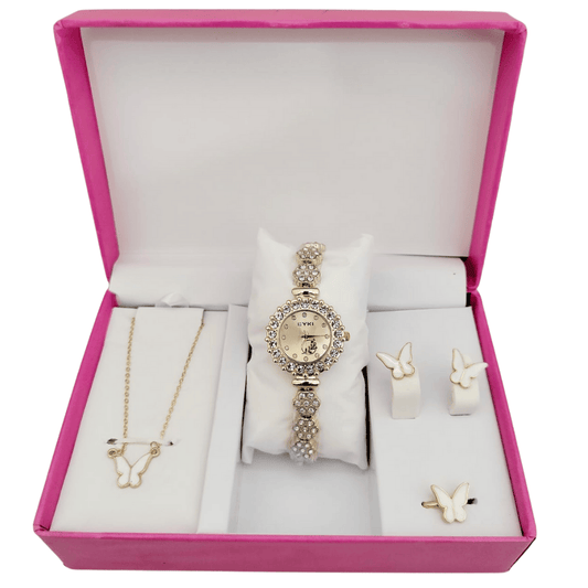 Gift Set with golden watch (black dial), locket, earrings, and ring in black