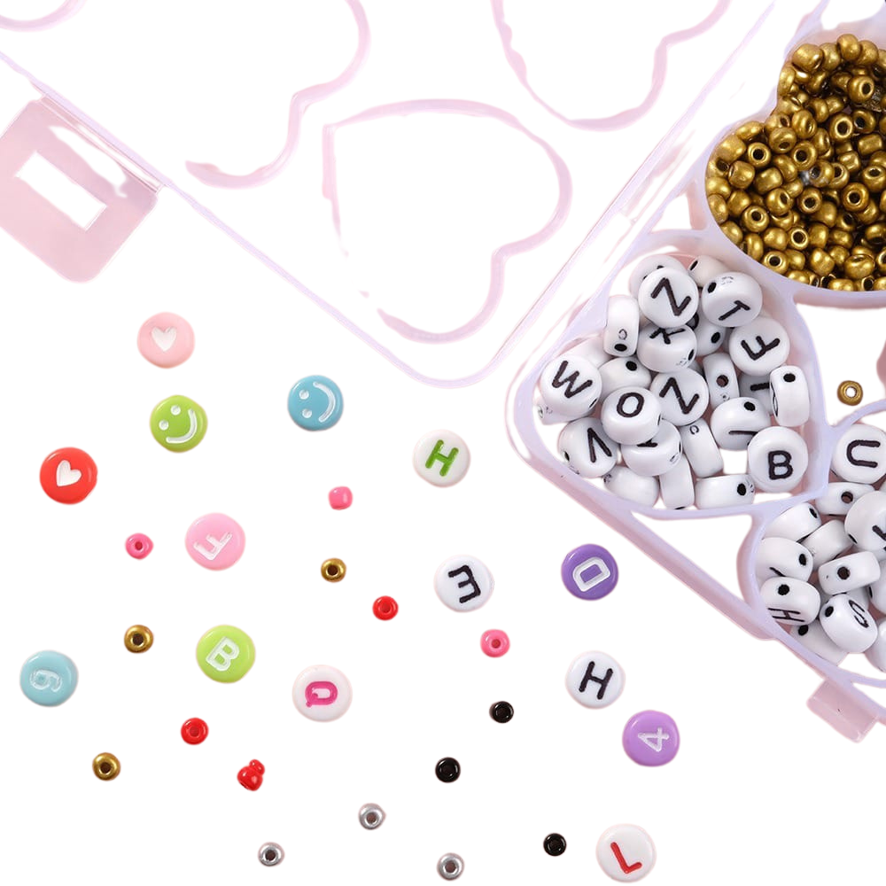 Overhead view of colorful beads in the organizer box
