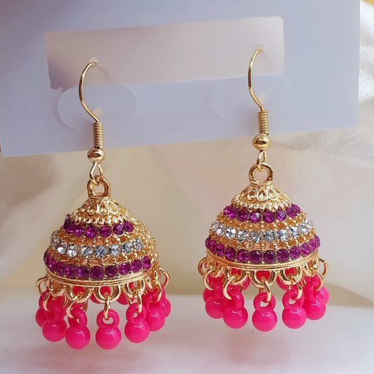 Gold plated earrings with shocking pink moti – front view