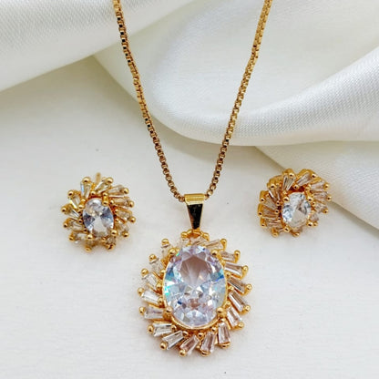 Gold jewelry set with pendant and earrings on a white background