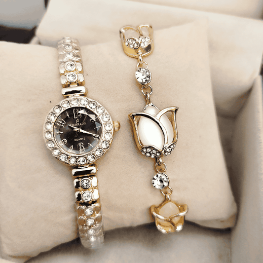 Golden ladies' watch with black dial and matching bracelet