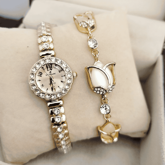 Golden ladies' watch with white dial and matching bracelet