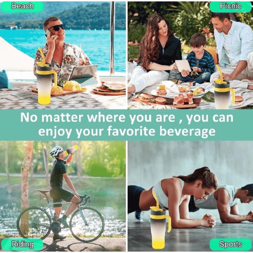 Various scenarios showcasing the portability of the gradient water bottle
