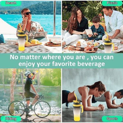 Various scenarios showcasing the portability of the gradient water bottle