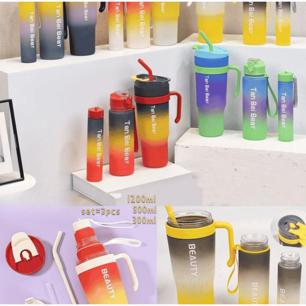 Top view of gradient water bottle set placed on a kitchen counter