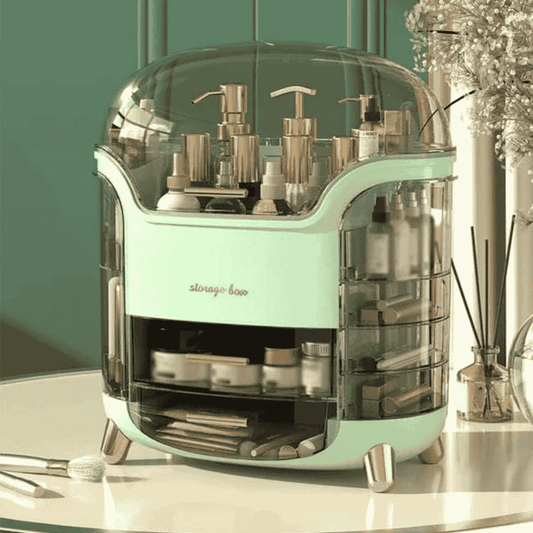 Mint green cosmetic storage organizer with various products on a vanity.