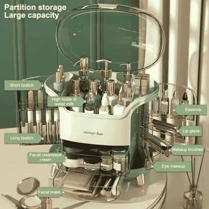 Makeup organizer with labeled compartments on a green background