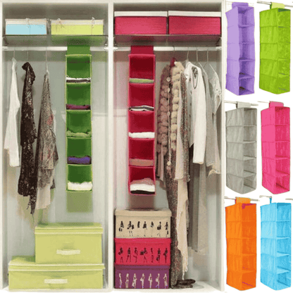 Hanging closet organizer with multiple layers inside a wardrobe