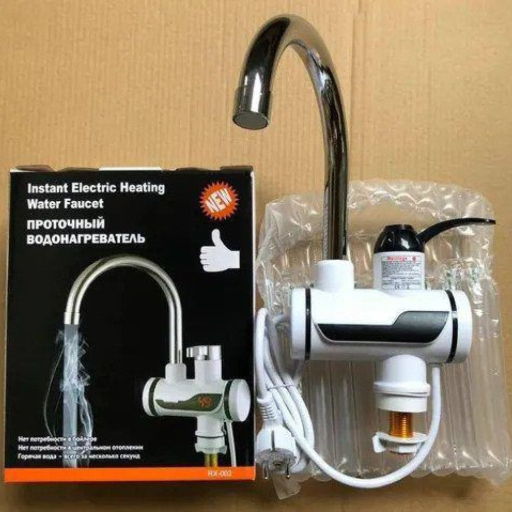 Instant electric heating water faucet with packaging on a cardboard background