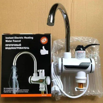 Instant electric heating water faucet with packaging on a cardboard background