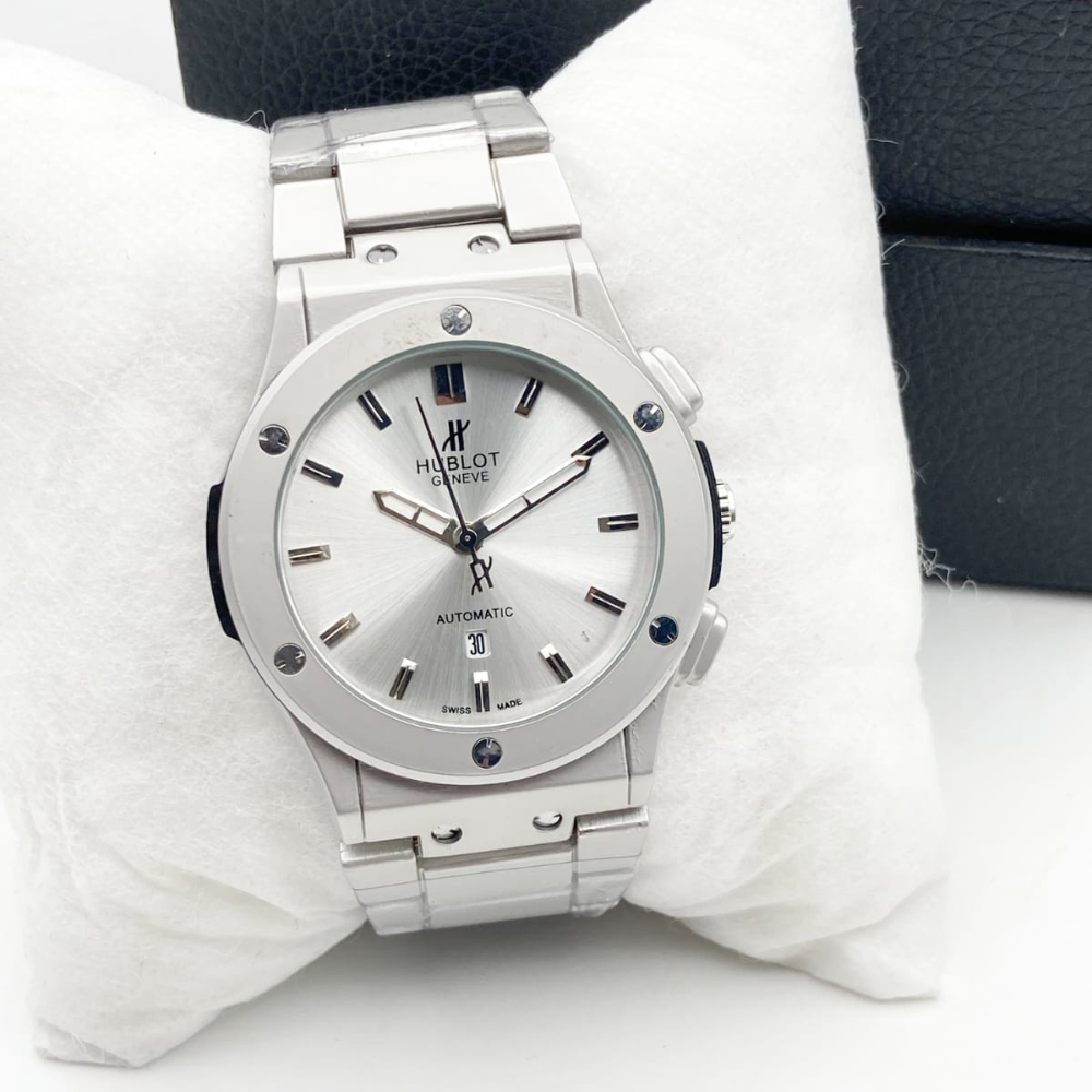 Silver Hublot watch on a white background