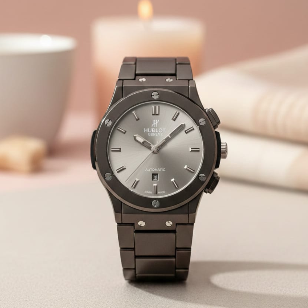Black Hublot watch on a light surface with blurred background