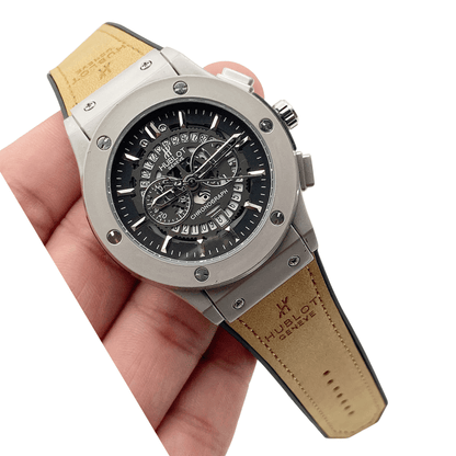 Stylish Hublot watch with camel color strap