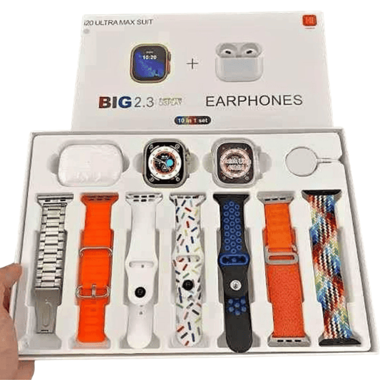 Complete I20 Ultra Max Smart Watch package with straps, box, and earbuds