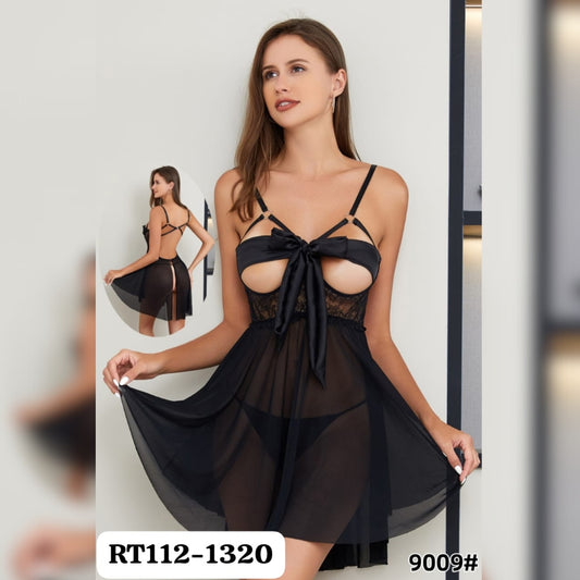 Front and back view of premium black net nightie