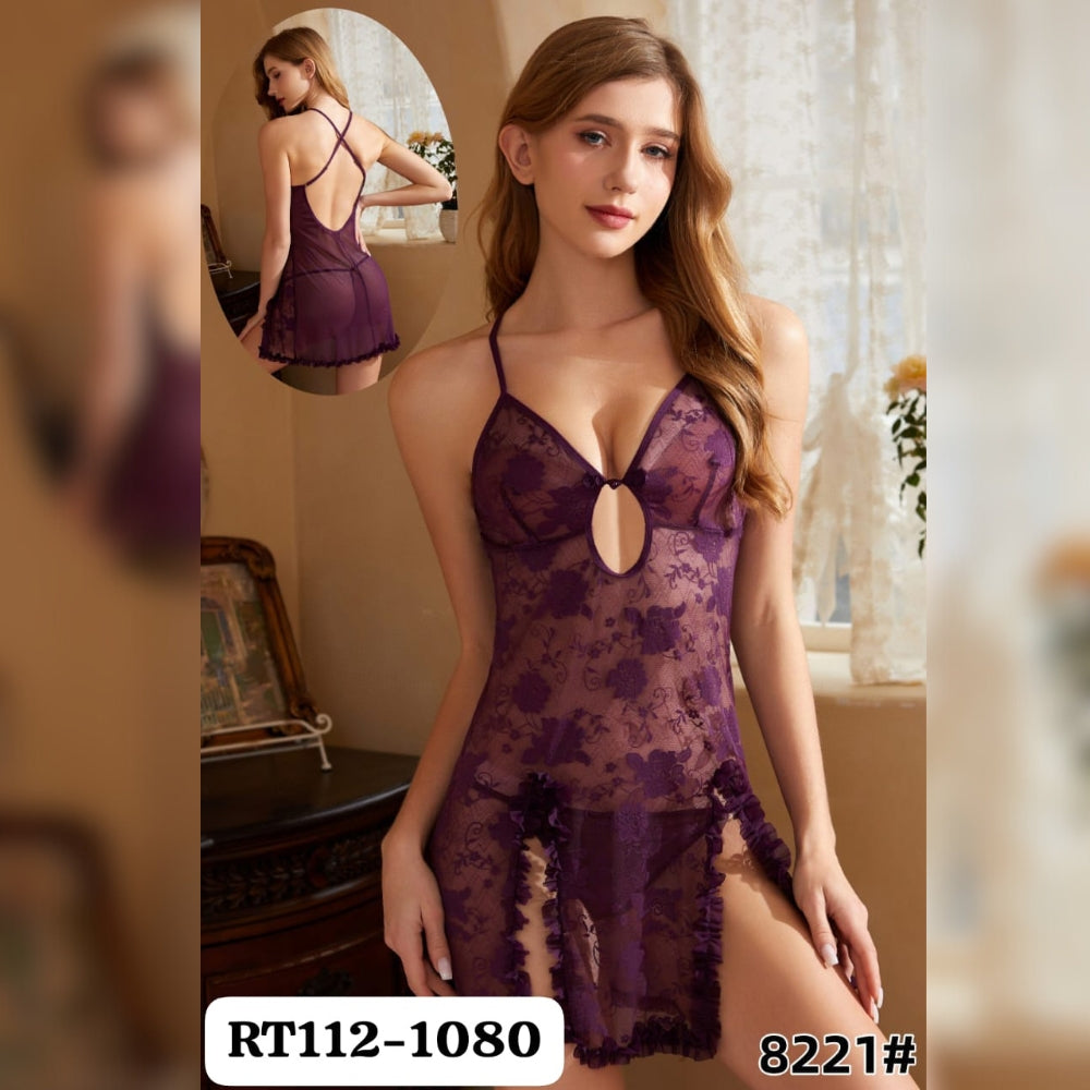 Purple net nightie shown from front and back