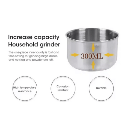 Stainless steel household grinder with capacity label on a white background