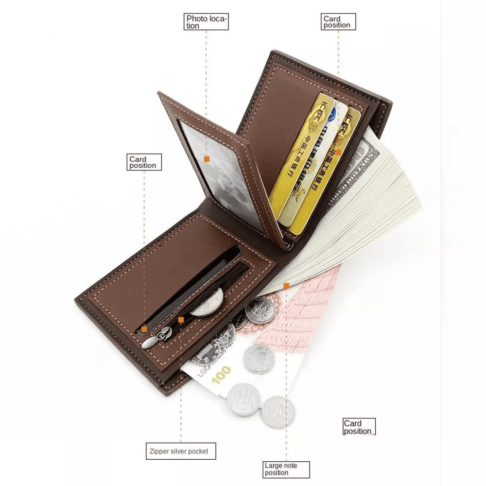 insdie-view (inside-view) showcasing internal slots, cash holder, and stitching details