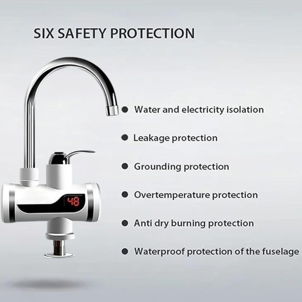 Electric water heater with safety features listed on a gray background