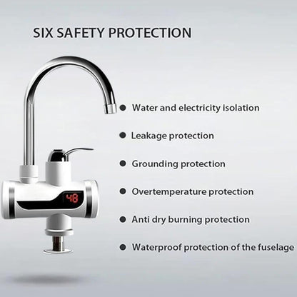 Electric water heater with safety features listed on a gray background