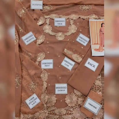Brown embroidered fabric with labeled parts and a photo of a person wearing the fabric.