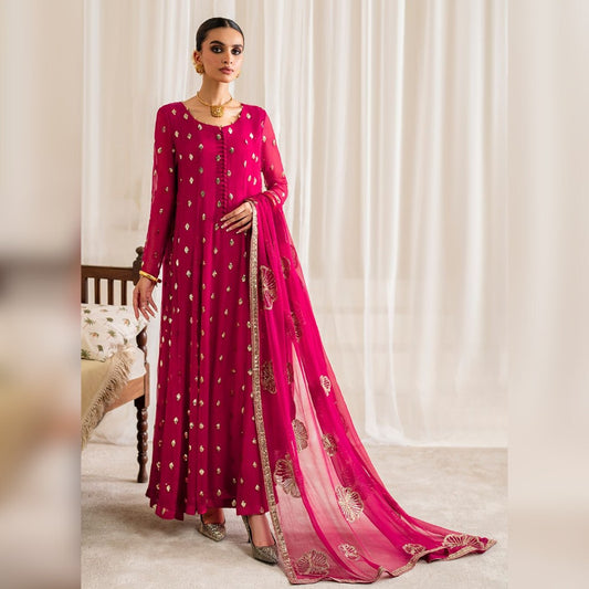 IZNIK Chiffon Embroidered 3 Piece Unstitched Suit Front Model View