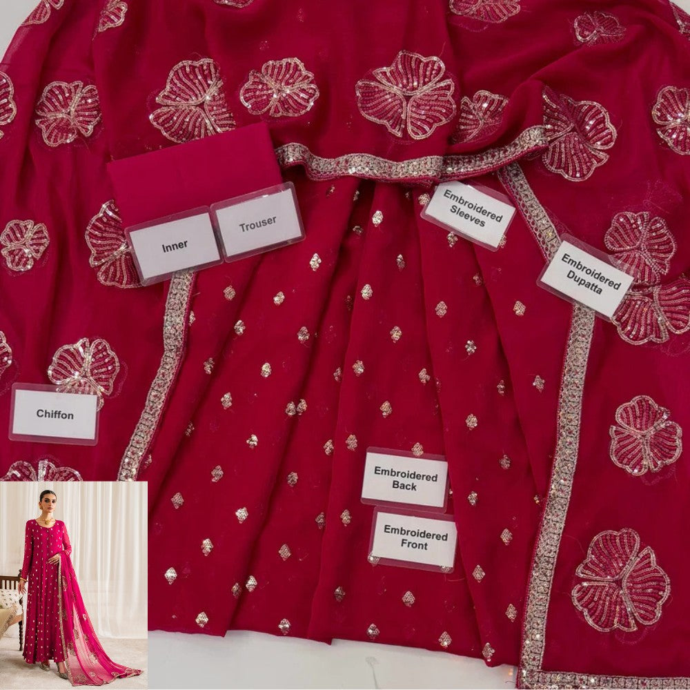 IZNIK Chiffon Embroidered Unstitched Suits Open Fabric View