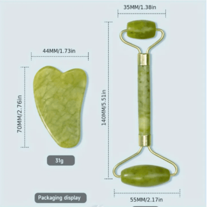 Size chart detailing the dimensions of the jade roller and Gua Sha tools.